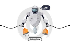 Website page not found. Wrong URL address error 404. Broken robot character keeps socket off. Site crash on technical