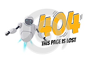 Website page not found. Wrong URL address error 404. Cartoon worried robot character. Site crash on technical work. Web
