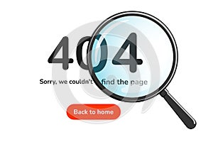 Website page not found. Wrong URL address error 404. Site crash on technical work. Web design template with magnifying