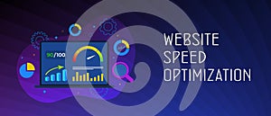 Website Page Speed Optimization concept. Laptop with high values point accelerometer. Web site Loading Time image for