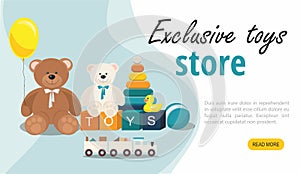 Website page template. Clorful Kids toys. Teddy Bear, wooden toy train, pyramid and other