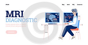 Website for MRI diagnostic with doctor behind monitor flat vector illustration.