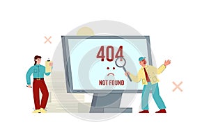 Website problem alert 404 page not found. Vector template of people around monitor showing system failure message