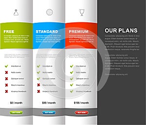 Website product pricing comparison table template with 3 options.