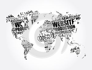 Website production process word cloud in shape of world map, technology concept background