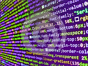 Website programming code. Css3 code on a colorful background. Programming code screen of software developer. Abstract information