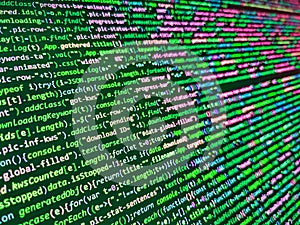 Website programming code. Javascript code in bracket software. Web programming and bracket technology background. Tech source apps