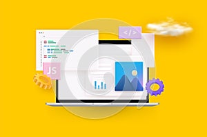 Website programming and coding. Web development and coding. 3D Vector Illustrations