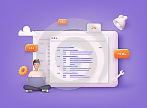 Website programming and coding. Web development and coding. Influencer marketing, social media or network promotion. 3D Vector