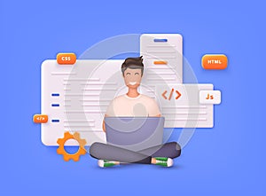 Website programming and coding. Web development and coding. Influencer marketing, social media or network promotion. 3D Vector