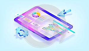 Website programming and coding. Web development and coding. 3D Gradient Isometric Illustrations. Suitable for ui, ux, web, mobile