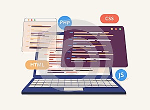 Website programming and coding. Web development and coding. 3D Vector Illustrations. Back end development abstract