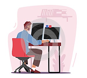 Website Programming Concept. Programmer or Designer Male Character Working on Computer and Tablet Pc Coding