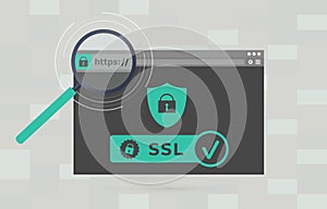 Website with safe https SSL certificate encryption. Browser window with HyperText Transfer Protocol Secure url in web