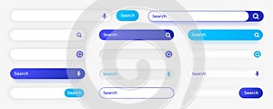 Website search button. Empty input field with cursor and interface elements. Blank digital frames. Magnifier and