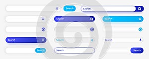 Website search button. Empty input field with cursor and interface elements. Blank digital frames. Magnifier and microphone UI