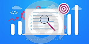 Website SEO Report, Digital Marketing analytics concept. Seo Ranking flat vector horizontal banner illustration with icons