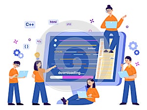 Website software developing, app programmers team concept. Code engeneers programming on computer vector illustration