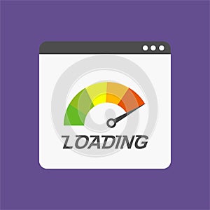 Website speed loading time. Web browser with speedometer test showing fast good page loading speed time. Vector illustration