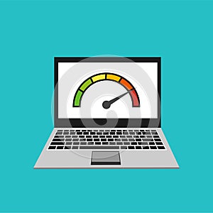 Website speed loading time. Web browser with speedometer test showing fast good page loading speed time. Vector illustration