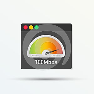 Website speed loading time. Web browser with speedometer test showing fast good page loading speed time. Vector illustration.