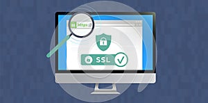 Website with SSL certificate encryption. Browser window with safe https HyperText Transfer Protocol Secure url web address bar photo