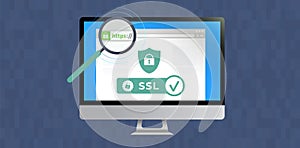 Website with SSL certificate encryption. Browser window with safe https HyperText Transfer Protocol Secure url web address bar