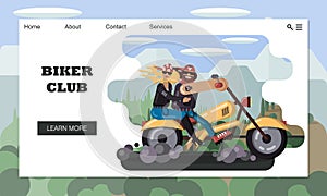 Website template of biker club for representatives of rocker subculture. Couple biker riding powerful motorcycle along highway