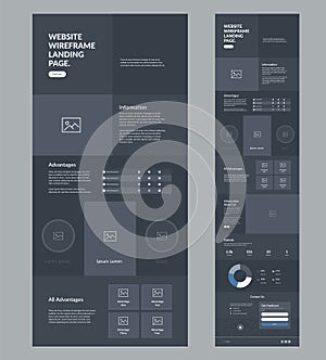 Website template design. Dark landing page site wireframe.