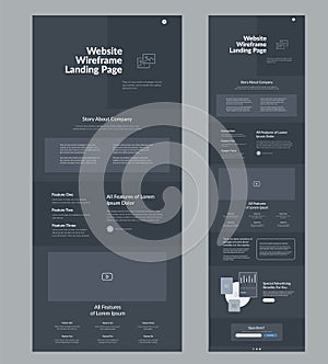 Website template design. Dark landing page site wireframe.