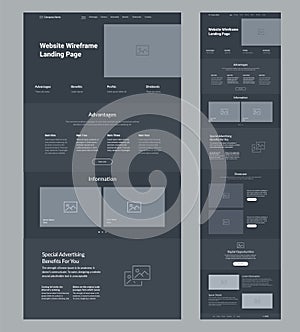 Website template design. Dark landing page site wireframe.