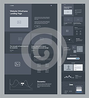 Website template design. Dark landing page site wireframe.