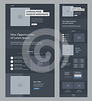 Website template design. Dark landing page site wireframe.