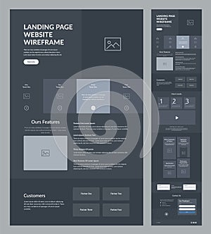 Website template design. Dark landing page site wireframe.