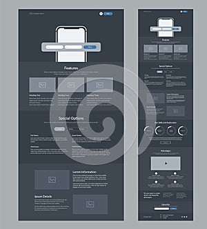 Website template design. Dark landing page site wireframe.