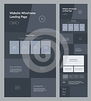 Website template design. Dark landing page site wireframe.