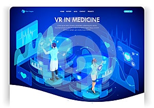 Website template design. Isometric concept augmented reality for medicine doctors work on virtual screens. Web design landing page