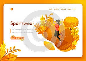 Website template design. Isometric concept Autumn girl sportswoman in the park. Sportswear and equipment store