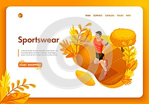 Website template design. Isometric concept autumn male athlete in the park. Sportswear and equipment store