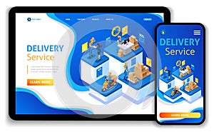 Website template design. Isometric concept Delivery serves. Express delivery, online order, call center