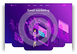 Website template design. Isometric concept Email Inbox Electronic Communication. E-mail marketing, marketing research