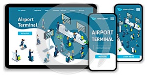 Website Template Landing page Isometric concept International Airport, Airport Terminal, Baggage reclaim, business trip