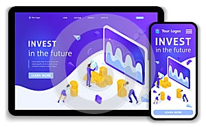Website Template Landing page Isometric concept investment management, businessmen carry money to invest