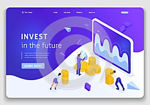 Website Template Landing page Isometric concept investment management, businessmen carry money to invest. Easy to edit and