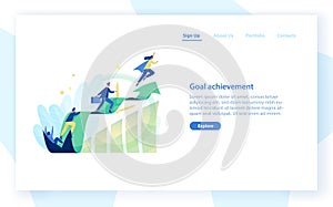 Website template with people, office workers, managers or clerks climbing on ascending graph or trend. Business goal