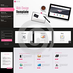 Website Template Vector Design with realistic still life illustration, tablet, coffee, notebook.