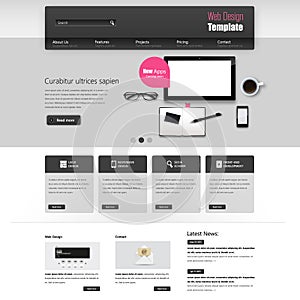 Website Template Vector Design with realistic still life illustration, tablet, coffee, notebook.