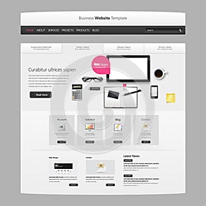 Website Template Vector Design with realistic still life illustration, tablet, coffee, notebook.