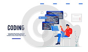 Website template for writing app code and testing computer software, flat vector