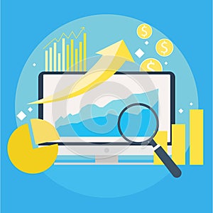 Website traffic growth banner. Computer with diagrams, growth charts. Magnifying glass